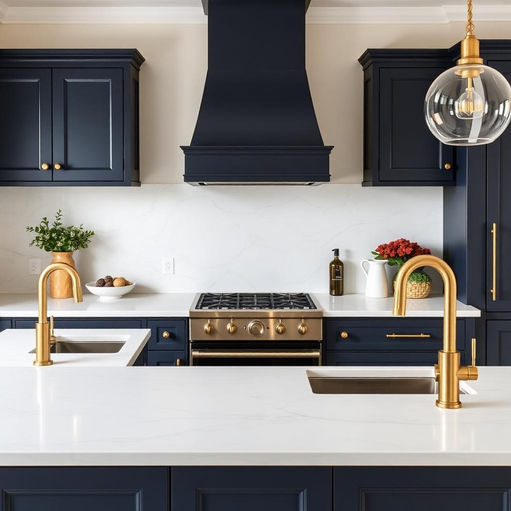 Navy kitchen with white quartz waterfall island in Dublin