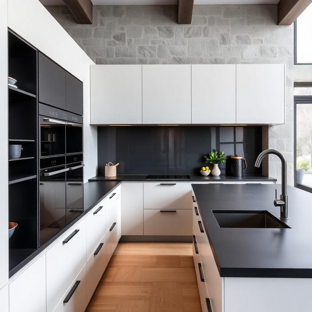 Modern kitchen with charcoal Dekton worktop and splashback